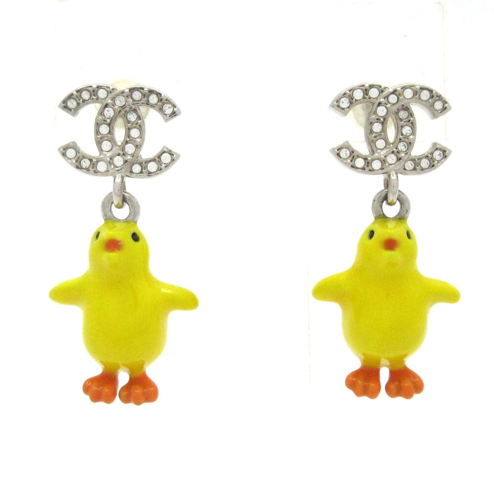 Chanel Earrings Silver Yellow Clear Hardware Resin Rhinestones